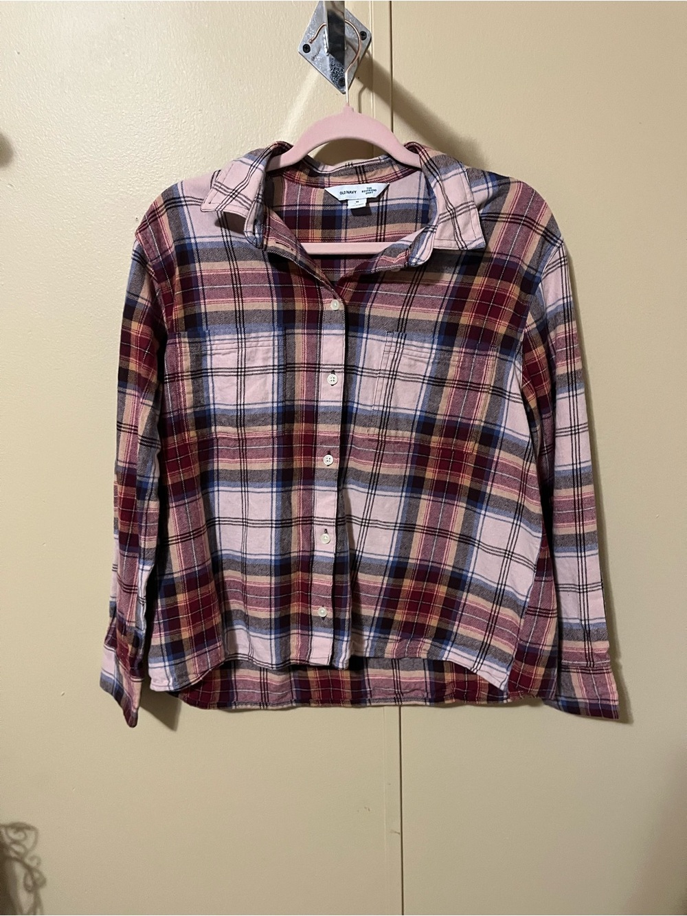 Button-Front Plaid Shirt - Pink & Burgundy